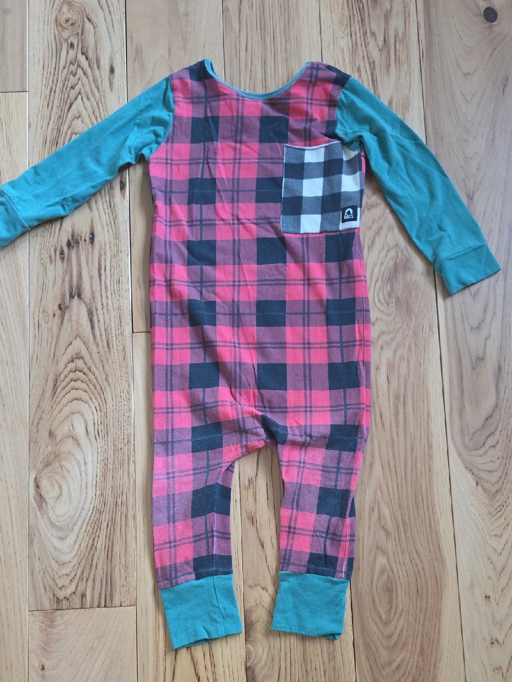 RAGS Plaid Red & Black Infant Romper with Green Sleeves